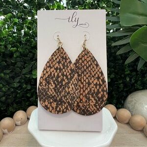 Snake Print Teardrop Earrings | French Wire | Lightweight | Cork | Gold Accents